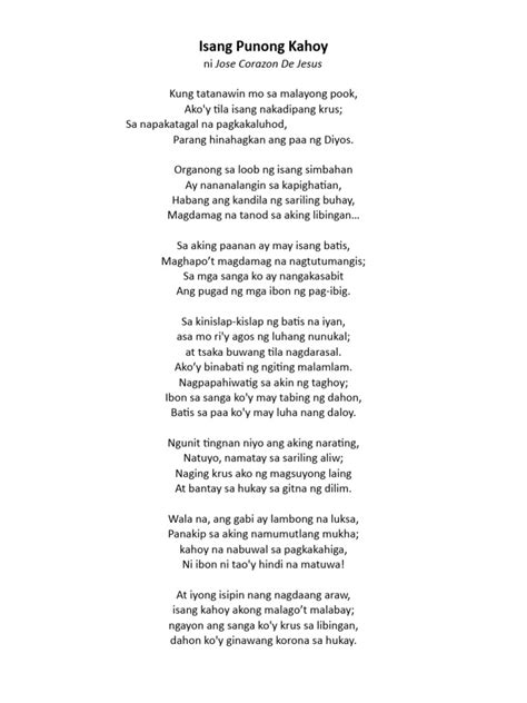 Poem: Isang Punungkahoy A Tree by José Corazón de Jesús.